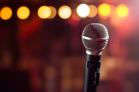 Public speaking backgrounds, Close-up the microphone on stand for speaker speech presentation stage.Generate Aiの素材