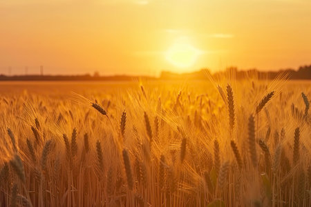 Wheat grain ear and rye field on yellow sunset sky background.Generate Aiの素材