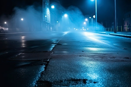 Wet asphalt, reflection of neon lights, a searchlight, smoke. Abstract light in a dark empty street with smoke.Generate Aiの素材