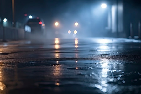 Wet asphalt, reflection of neon lights, a searchlight, smoke. Abstract light in a dark empty street with smoke.Generate Aiの素材