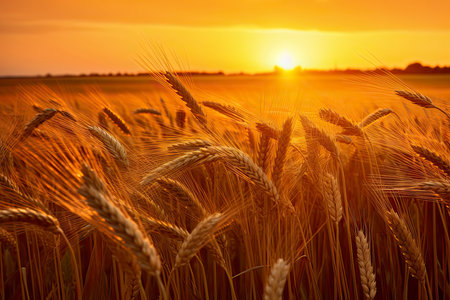 Wheat grain ear and rye field on yellow sunset sky background.Generate Aiの素材