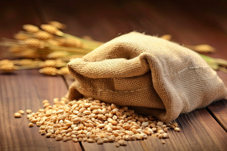 wheat grains in burlap sack on table outdoors.Generate Aiの素材