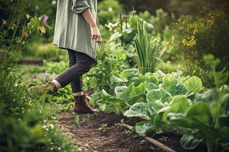 Woman on foot, picling in a vegetable garden.Generate Aiの素材