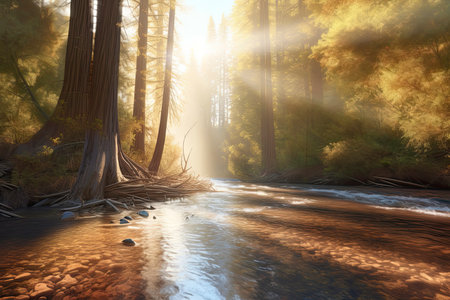Peaceful river flowing through redwood forest with morning light and dappled sunshine in autumnの素材