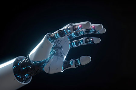 Robot hand touching holographic screen 3d rendering on dark backgroundの素材
