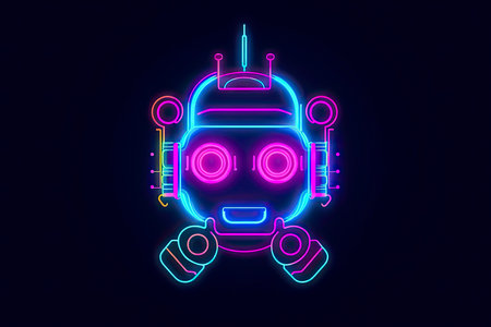Robot icon. Bot sign design. Chatbot symbol concept. Voice support service bot. Neon iconの素材