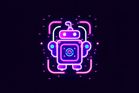 Robot icon. Bot sign design. Chatbot symbol concept. Voice support service bot. Neon iconの素材