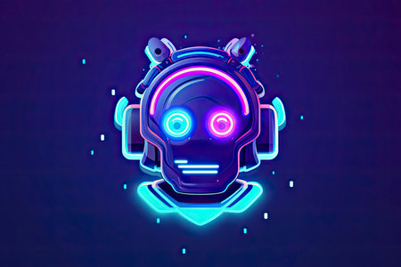 Robot icon. Bot sign design. Chatbot symbol concept. Voice support service bot. Neon iconの素材