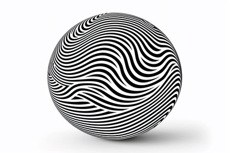 3D geometric striped rounded shape. Sphere. Black and white optical art. Wavy pattern. Abstract backgroundの素材