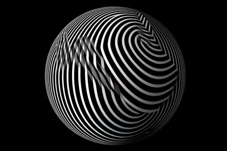 3D geometric striped rounded shape. Sphere. Black and white optical art. Wavy pattern. Abstract backgroundの素材