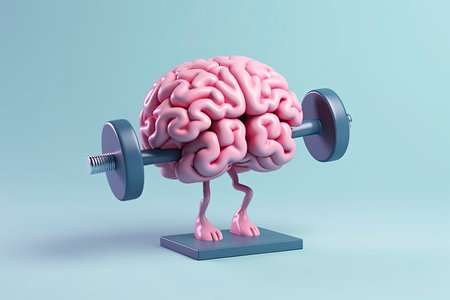 3D style human brain cartoon lifting weights. Mental, memory, brain training concept.の素材