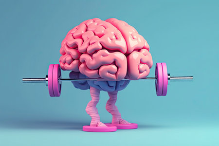 3D style human brain cartoon lifting weights. Mental, memory, brain training concept.の素材