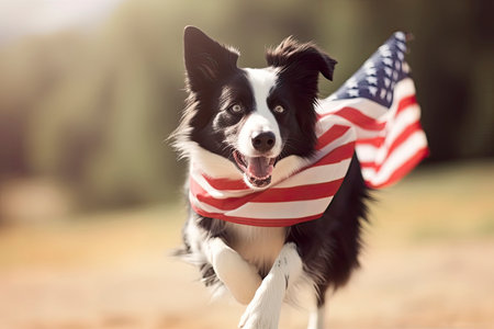 Border collie dog running outside carrying the American Flagの素材