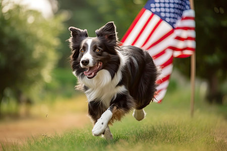Border collie dog running outside carrying the American Flagの素材