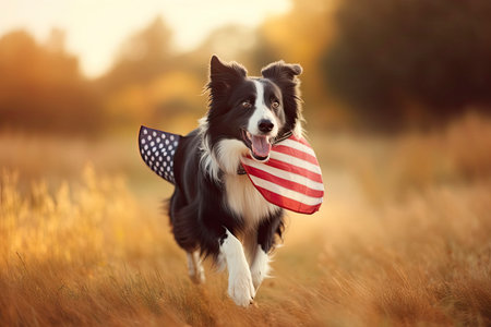 Border collie dog running outside carrying the American Flagの素材