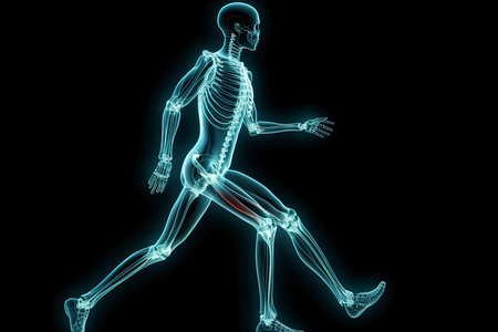 concept of orthopedic medical technology, graphic of a man running with skeleton x-ray scanの素材