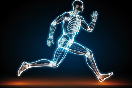 concept of orthopedic medical technology, graphic of a man running with skeleton x-ray scanの素材