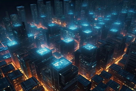 3D Rendering of neon mega city with light reflection from puddles on street heading toward buildingsの素材