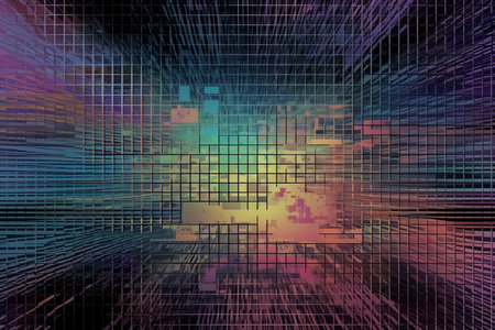 Cyberspace landscape grid. Old TV screen error. Photo glitchの素材