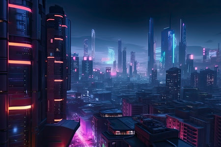 3D Rendering of neon mega city with light reflection from puddles on street heading toward buildingsの素材