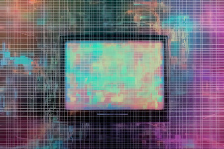 Cyberspace landscape grid. Old TV screen error. Photo glitchの素材