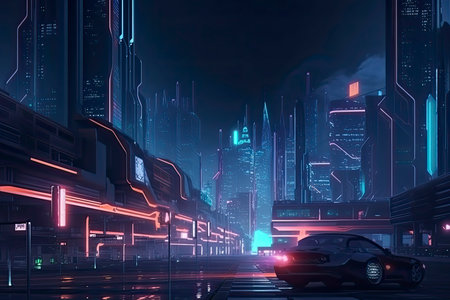 3D Rendering of neon mega city with light reflection from puddles on street heading toward buildingsの素材