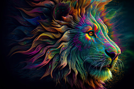 Animal illustration of a lion face with fractal neon pop styleの素材