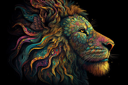 Animal illustration of a lion face with fractal neon pop styleの素材
