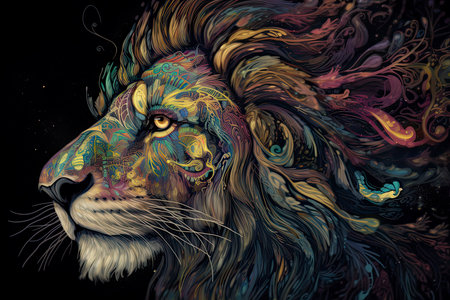 Animal illustration of a lion face with fractal neon pop styleの素材