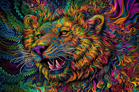 Animal illustration of a lion face with fractal neon pop styleの素材