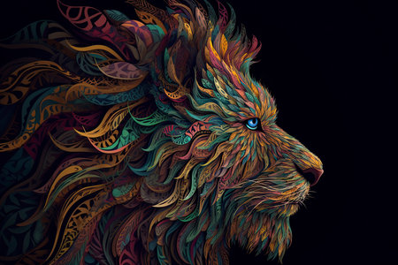 Animal illustration of a lion face with fractal neon pop styleの素材