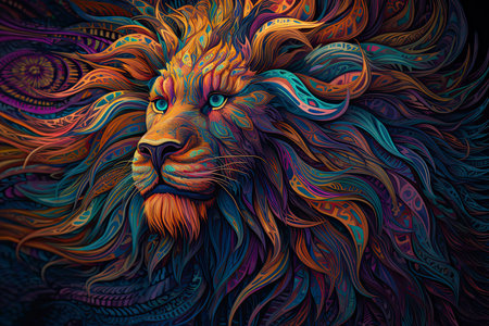 Animal illustration of a lion face with fractal neon pop styleの素材
