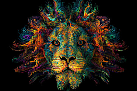 Animal illustration of a lion face with fractal neon pop styleの素材