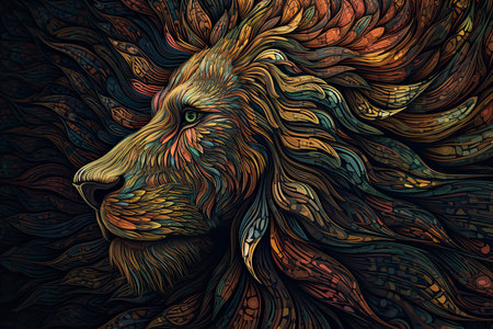 Animal illustration of a lion face with fractal neon pop styleの素材