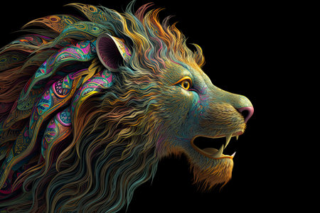 Animal illustration of a lion face with fractal neon pop styleの素材