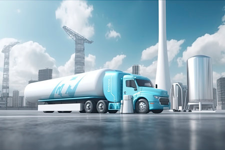 Power station hydrogen energy storage battery with solar plant and wind turbine. 3D illustrationの素材