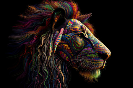 Animal illustration of a lion face with fractal neon pop styleの素材