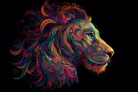 Animal illustration of a lion face with fractal neon pop styleの素材