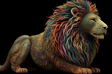 Animal illustration of a lion face with fractal neon pop styleの素材
