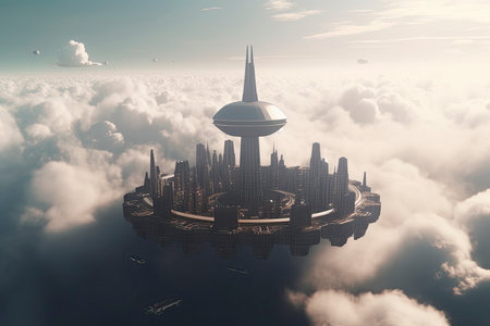 Flying passenger train. Futuristic sci fi city in clouds. Utopia. concept of the futureの素材