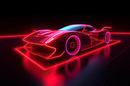Red Sports Car On Neon Highway. Powerful acceleration of a supercar on a night track with colorful lights and trailsの素材