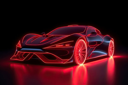 Red Sports Car On Neon Highway. Powerful acceleration of a supercar on a night track with colorful lights and trailsの素材