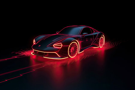 Red Sports Car On Neon Highway. Powerful acceleration of a supercar on a night track with colorful lights and trailsの素材