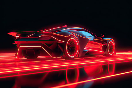 Red Sports Car On Neon Highway. Powerful acceleration of a supercar on a night track with colorful lights and trailsの素材