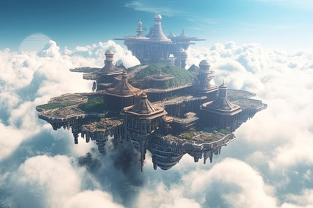 Flying passenger train. Futuristic sci fi city in clouds. Utopia. concept of the futureの素材