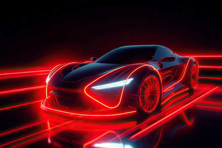 Red Sports Car On Neon Highway. Powerful acceleration of a supercar on a night track with colorful lights and trailsの素材