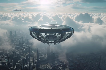 Flying passenger train. Futuristic sci fi city in clouds. Utopia. concept of the futureの素材