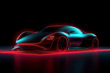 Red Sports Car On Neon Highway. Powerful acceleration of a supercar on a night track with colorful lights and trailsの素材
