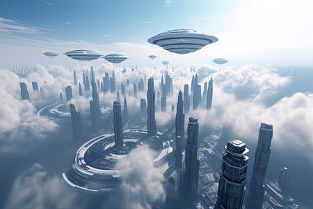 Flying passenger train. Futuristic sci fi city in clouds. Utopia. concept of the futureの素材