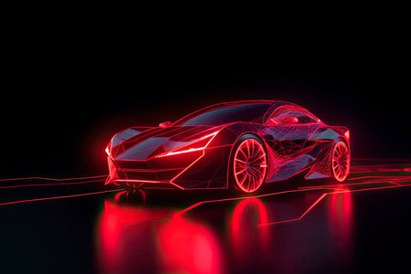 Red Sports Car On Neon Highway. Powerful acceleration of a supercar on a night track with colorful lights and trailsの素材